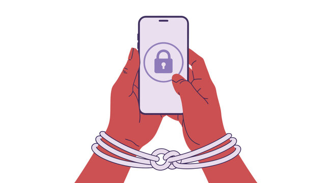 Locked hands holding a mobile device, symbolizing digital restriction and security