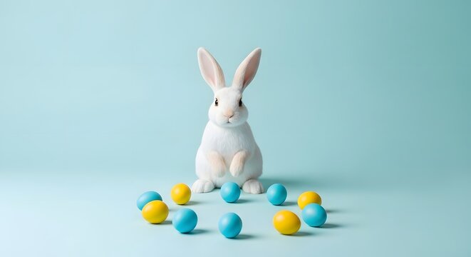 Easter bunny background jpeg with white rabbit and colorful eggs