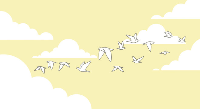 Graceful Flock Migration Across A Serene Yellow Sky
