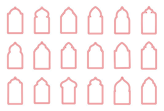 Islamic vintage shapes. lines frames ornate, badges, labels set. outline red colour islamic frame set. islamic door set.