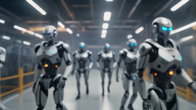 Sci-Fi Dystopian Robot Army of Grey Androids Marching Through Industrial Factory