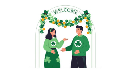 Naklejka premium Happy Couple Welcoming Guests Under Festive Shamrock Archway