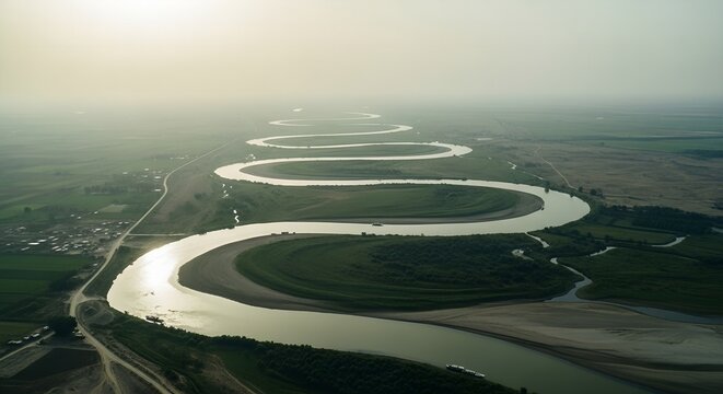Winding Tigris River flowing through arid plains in rural Iraq in summer