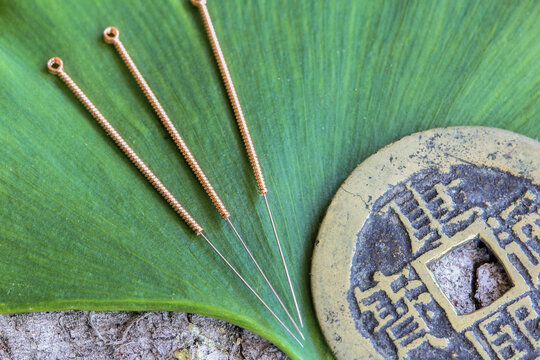 Acupuncture needles on an ancient chinese bronz coin and green ginkgo leaf