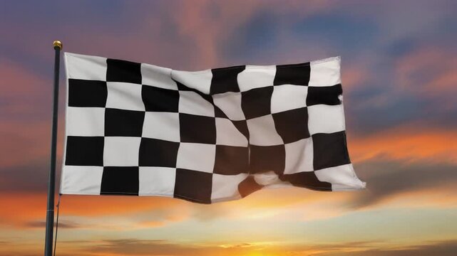 Checkered Flag Waving Against a Vibrant Sunset Sky
