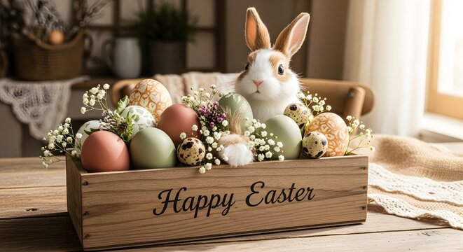 Easter bunny background jpeg with happy easter wooden box and decorative eggs