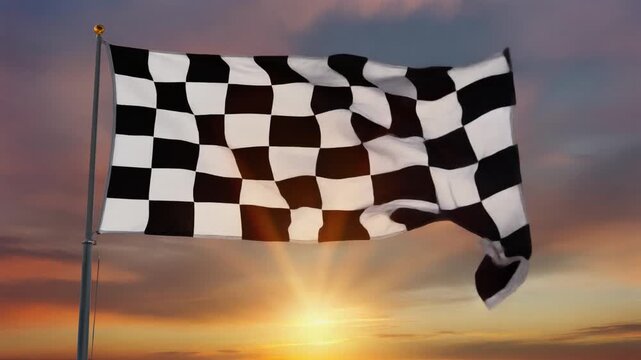 Checkered Flag Waving Against a Vibrant Sunset Sky