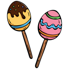 Easter egg cake pops with chocolate glaze and colorful icing, hand drawn doodle icon for vegan confectionery branding and holiday sweet treats, isolated vector.