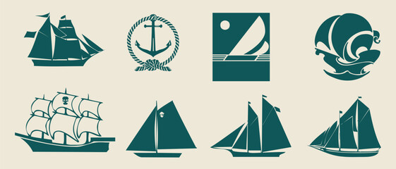 Nautical symbols and sailboats illustrations © Moina