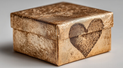 A gold gift box with heart graphic on the box , isolate white background.