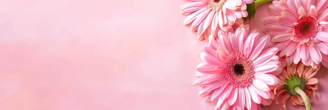 Pink gerbera daisy bouquet on bright spring backdrop for Mother's Day. Vibrant floral display. copy space, free space for text