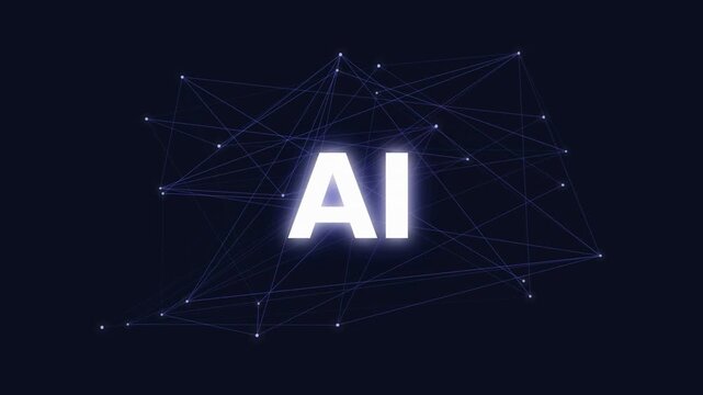 Glowing AI letters centered over a web of glowing lines and nodes on a dark digital backdrop visuals
