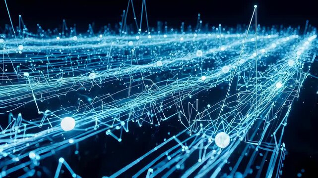 Abstract blue interconnected digital lines and glowing nodes representing modern technologies and quantum data flow