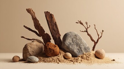 Obraz premium Abstract nature scene with stones and dry twigs on a beige background perfect for cosmetics, beauty product branding, packaging, and identity design, with copy space.