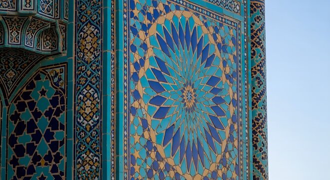 Geometric tilework on a mosque wall in Basra at morning