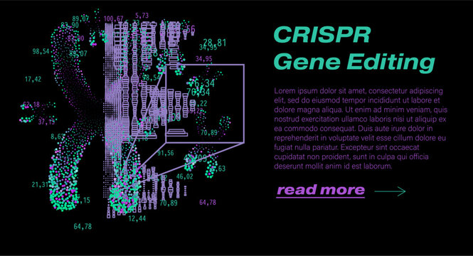 Stylized DNA double helix intertwined with scattered glowing particles and a CRISPR-Cas9 like editing structure. Conceptual vector illustration for CRISPR gene editing, genome engineering.