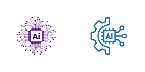 Fototapeta premium Two ai icons with gears and dots, isolated on transparent background