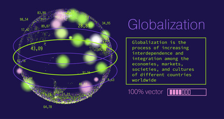 Vibrant vector illustration portraying globalization as a spherical Earth-like structure enveloped in orbiting particle clouds and elliptical paths, composed of glowing neon green and purple dots. © local_doctor