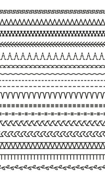 Set of machine thread sewing seams. Sew brushes seamless pattern. Overlock fabric elements. Embroidery stitches. Outline border isolated on white background. Simple design. Vector illustration.