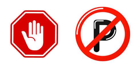 Prohibition signs with hand and parking symbol on transparent background