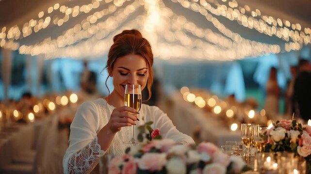 Wedding planner reviews table decorations under twinkling lights at an outdoor venue during a romantic evening celebration