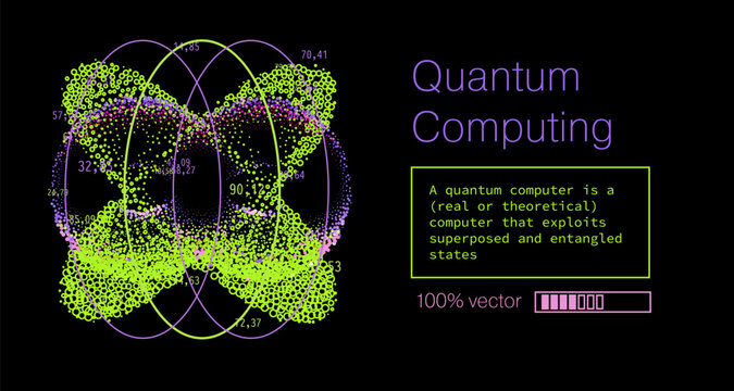 Vibrant vector illustration featuring a glowing double-lobed structure resembling overlapping quantum wavefunctions or entangled qubit states, built from thousands of bright particle dots.