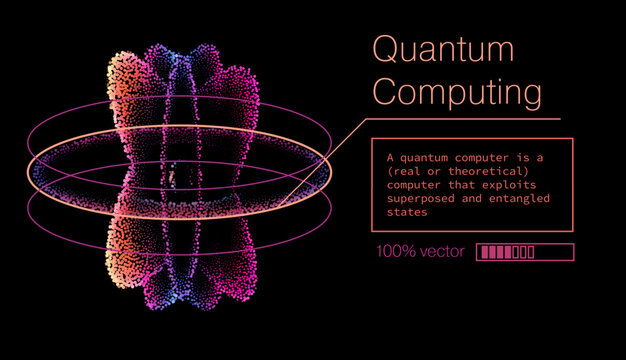 Vibrant vector illustration featuring a central symmetrical particle cluster resembling a blooming quantum state or multi-lobed wavefunction, built from thousands of glowing dots in neon pink tones.  