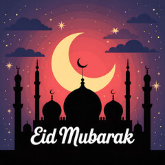 Islamic Eid Mubarak Background with Lanterns and Mosque Silhouette