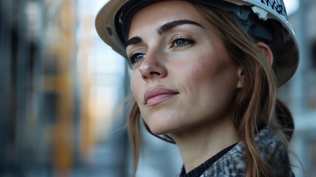 Mid adult woman architect wearing a hardhat at a construction site observing progress on a project in a bustling urban environment during the day