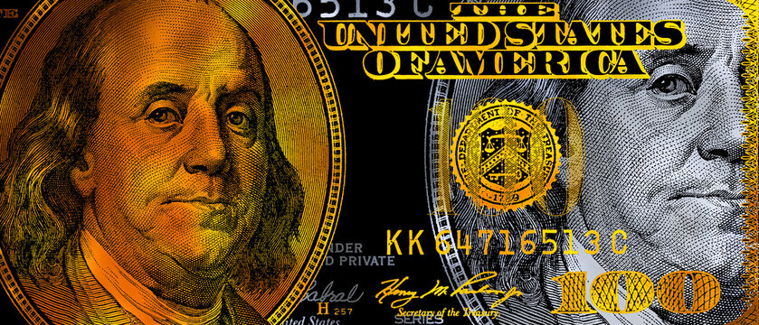 golden textured US 100 dollar banknote overlaid on 100 dollar