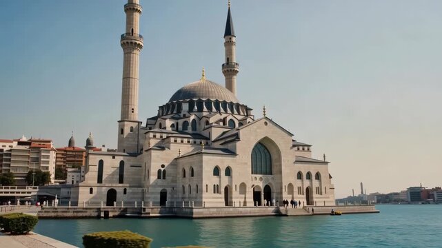 Doha qatar grand mosque establishing shot by the sea on a sunny day architectural travel destination landmark