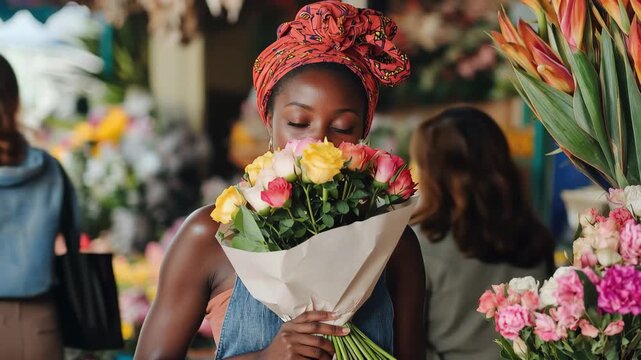 Empowered African woman florist managing her own flower shop filled with vibrant blooms during daylight hours