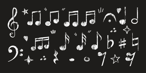 Chalk style music symbols set on blackboard background. Hand drawn white musical notes and notation elements including treble clef, bass clef. Perfect for music class design, school posters. © Nadiia