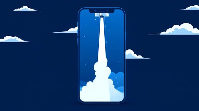 Smartphone with rocket launching into sky illustrating new technology concept