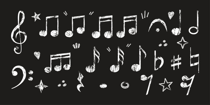Chalk style music symbols set on blackboard background. Hand drawn white musical notes and notation elements including treble clef, bass clef. Perfect for music class design, school posters.