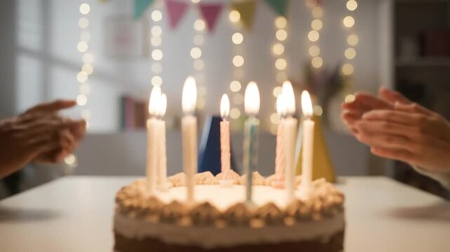 Hands clap in celebration as birthday cake with lit candles sits on table in festive room