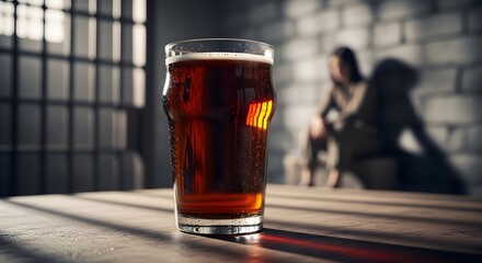 Dark Beer Glass: "Pint of Dark Craft Beer on Wooden Table in Moody Pub Setting"