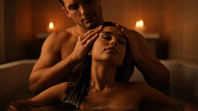 A man gently massages a woman's head while she relaxes in a warm bath with candles lit in the background, creating a peaceful atmosphere for a romantic spa video.