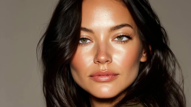 A woman confidently displays her radiant complexion and captivating green eyes, highlighting the beauty of natural makeup and healthy skin in a serene setting.