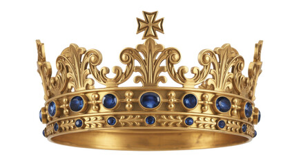 Gold crown with blue jewels and cross isolated on a transparent background