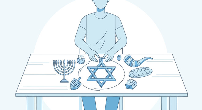Illustration Depicting Jewish Holiday Symbols With A Person Interacting, Flat Design
