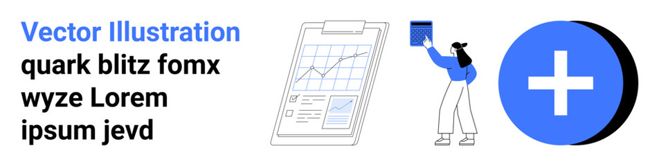 Obraz premium Data analysis, healthcare, task management, productivity, organizational tools, workflow optimization. A chart, a person holding a document and a large plus symbol. Data analysis and healthcare
