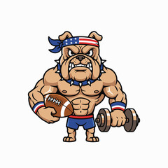 Strong Bulldog Mascot Holding Football and Dumbbell USA Athlete Cartoon Illustration