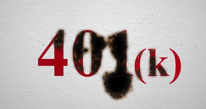 401k retirement plan failure, smoldering retirement savings, inflation of pension assets melting to ash with glowing embers, slowly burning hope, loop footage