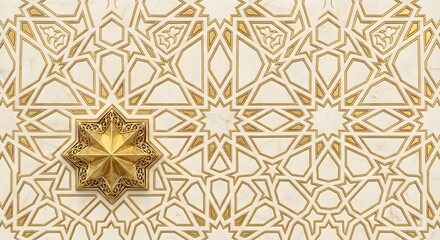 Fototapeta premium Shimmering Gold Geometric Star on White and Gold Islamic Pattern Background