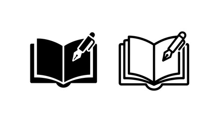 Open Book and Pen Icon: Black and White Symbols for Reading, Learning, and Writing