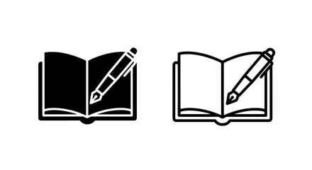 Open Book with Pen Icon: Black and White Symbols Representing Writing, Education, and Knowledge