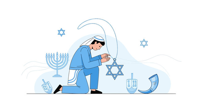 Jewish Boy Praying With Star Of David And Hanukkah Symbols