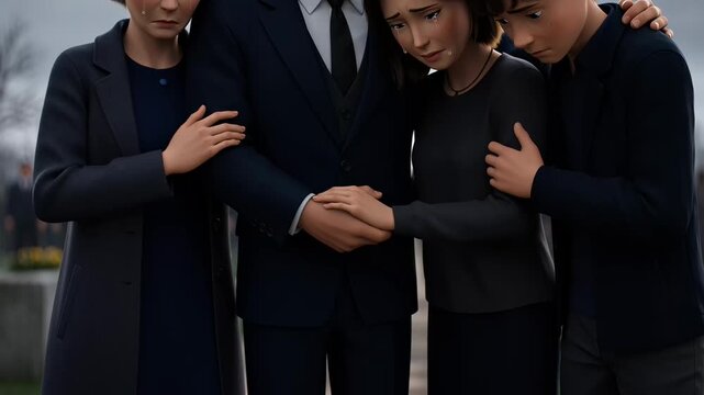 A grieving family mourns together at a funeral, showing sorrow and support for each other in a somber outdoor setting