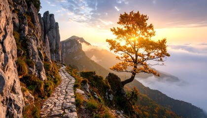 Serene Mountain Landscape with Tree at Sunset.